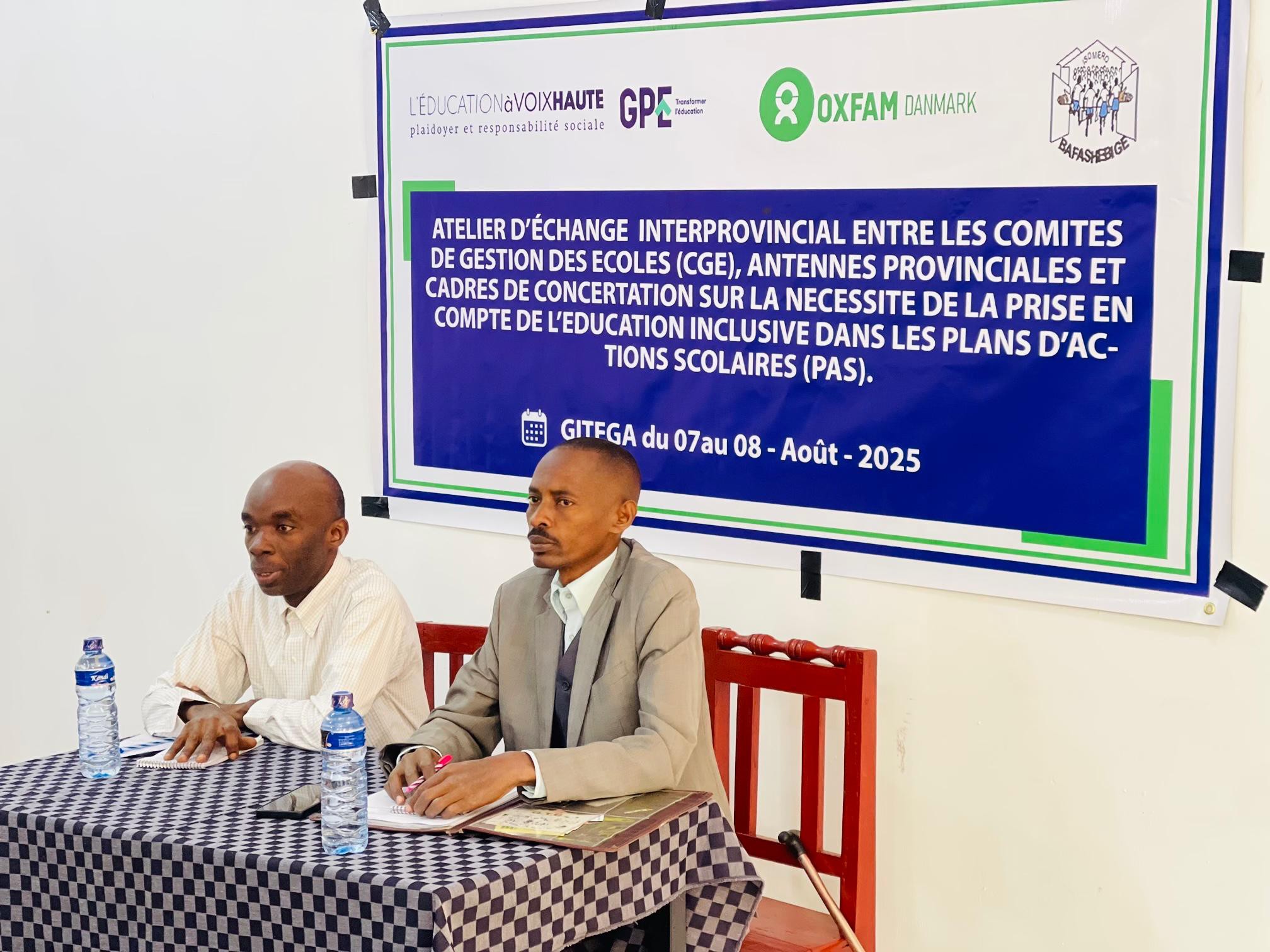 Première journée de l’atelier d’échange interprovincial entre les comités de gestion des écoles (CGE), antennes provinciales et cadres de concertation sur la nécessité de la prise en compte de l’éducation inclusive dans les plans d’actions scolaires (PAS). Gitega, du 07 au 08 Août 2025.